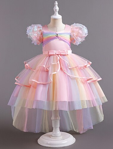  Brudnäbbsklänning Flickor Högtidlig klänning Bröllopskläder Fest Bröllop Formell Mode Förtjusande Prinsessa Lappverk Nät Regnbåge Kort ärm Fyrkantig krage Blå Gul 4 år +