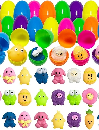  Lot de 24 œufs de Pâques en plastique pré-remplis de mochi, jouets spongieux pour enfants, cadeaux pour la chasse aux œufs de Pâques, petits cadeaux pour les paniers de Pâques des garçons, des filles et des tout-petits.