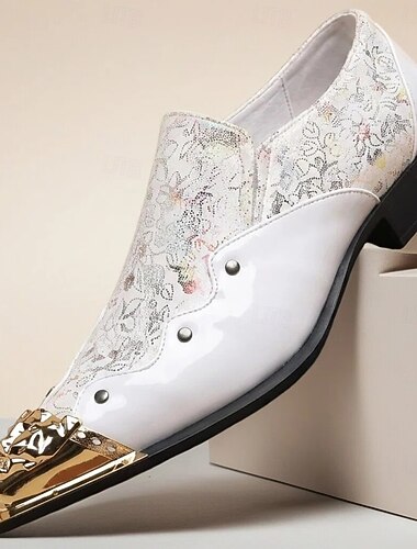  scarpe eleganti bianche da uomo, elegante design floreale, slip-on, calzature da sposa di lusso con dettagli dorati