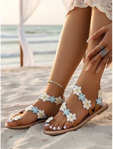 Dames bohemske blomstersandaler til stranden med bryllup - elegante, flate sandaler med tusenfrydpynt for bryllupsgjester, komfortable sommersko til brudefølget med sand &bryllup på reisemål