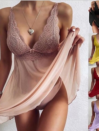  Damen Sexy Dessous Nachthemd Sexy Durchsichtig Einfarbig Spitze Tüll Heim Club Valentinstag Ärmellos V Ausschnitt Schwarz Weiß Rosa Wein Purpur Sommer Frühling Schlank