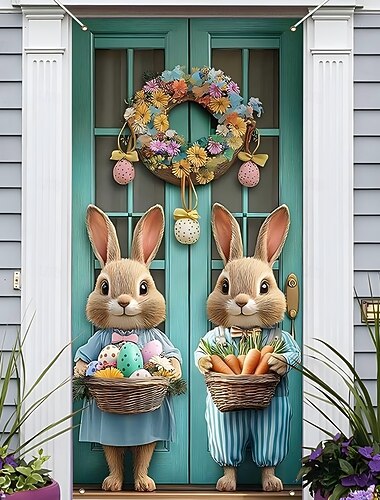  Décoration de porte de Pâques ornée de charmants lapins tenant des œufs et des carottes, un décor printanier festif, parfait pour les célébrations de Pâques et les décorations de porte pendant les