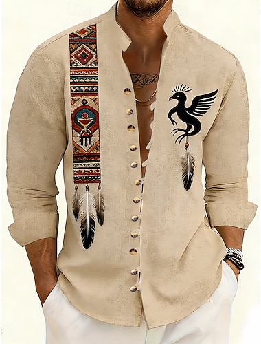  Homme Ethnique Thunderbird Plume amérindienne Chemise Chemise à col montant manche longue Vintage Rétro Occasionnel Vacances Printemps Automne Col mandarin Band Collar Impression 3D Boutonné Chemise