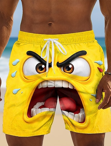  Herren Optische Täuschung 3D Zeichentrick Wütendes Gesicht Badehosen Badeshorts Boardshorts Mittlere Taille Hawaiianisch Lustig Strandurlaub Seitentaschen Netzfutter Elastischer Kordelzug in der
