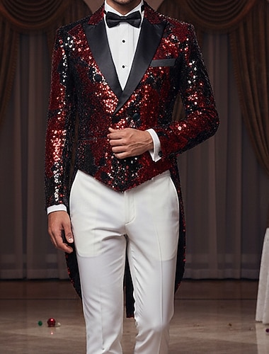  Herre ملابس السهرة للرجال Lukkekrage Fest Glitrende Paljetter Ensfarget Blazer Blå Rød Gull Skreddersydd Doble Breasted seks-knapper