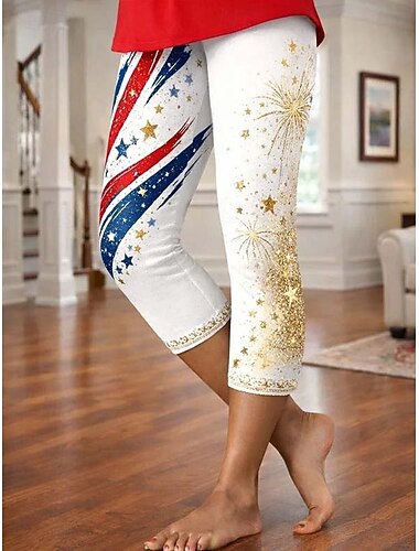  Onafhankelijkheidsdag Patriottische Vrouwen Capri Broeken Leggings Vakantie Hawaiian Stijlvolle Capris Middel Hoge Taille Broeken Grafische Nationale Vlag Comfort Rekbaar Buiten Vakantie Formeel