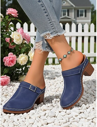  Blå slip-on mule klackar för kvinnor – bekväma grova blockklackskor med spänne, perfekta för vardagsbruk, arbete, trädgårdsfester och promenader utomhus