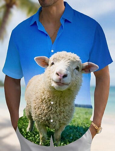  Pánské Zvíře Kráva Ovčí vlna Havajská košile Košile na knoflíky Aloha košile Krátký rukáv Legrační Dovolená Oblečení na pláž Léto Jaro Přehnutý 3D tisk košile s límečkem Vodní modrá Modrá 1#