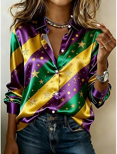  Mardi gras Dam Skjorta Grafisk Geometrisk Vintage Stylish Modern Långärmad Tröjkrage Långa toppar Dagligen Helgdag Gul Purpur Sommar Vår