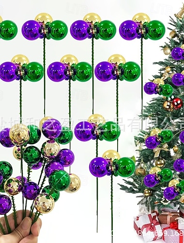  10-pakning Mardi Gras julepynt, lilla grønne gullkuler, stilker til Fat Tuesday &juletrepynt, karnevalskrans &vasefyllingsutstyr
