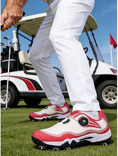  Chaussures de golf rouges et blanches pour hommes, avec absorption des chocs, confortables pour le golf et les modes de vie actifs.