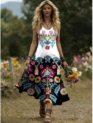  Damen Midikleid A Linie Kleid Lässig Täglich Normale Passform Blumen Grafik Ärmellos U-Ausschnitt Blau Rote Purpur Grün Sommer Frühling