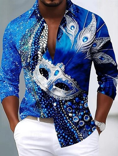  Martedì grasso Per uomo Carnevale Perline Maschera con piume Camicia Camicia con Bottoni Manica Lunga Moda Casual Feste Ferie Primavera Autunno Collo ripiegato Stampa 3D camicie con colletto Blu