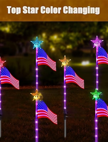  Amerikanske flagg solcelledrevne hagelys, LED 7 fargeskiftende amerikansk flagg landskapslys, 4. juli utendørs dekor stjerne solcelledrevne stakelys for hage terrasse gangvei sti