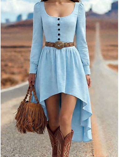  Damen Minikleid Vintage-Kleid Freizeitkleid Boho-Kleid Elegant Mode Modern Täglich Outdoor Urlaub Normale Passform Einfach Langarm Quadrathals Karamell Leicht Blau Sommer Frühling Herbst
