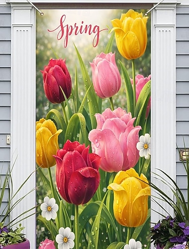  Décoration de porte printanière avec des tulipes de Pâques, des fleurs rouge vif, jaunes et roses avec des gouttes de rosée, un lapin floral frais pour les portes pendant les fêtes et les décorations