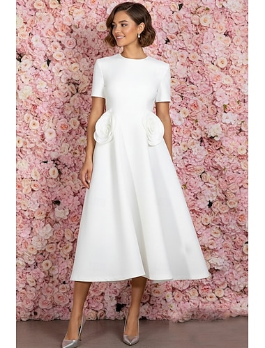  Ligne A Longueur thé Robe de Soirée Robe de Cocktail Robes de mariée Robes pour enterrement de vie de jeune fille robe de mariée Élégant Petites Robes Blanches Manche Courte Col ras du cou Formel