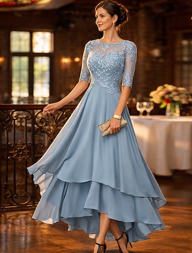  فستان حفلة على شكل حرف A غير متناسق فستان كوكتيل فستان ضيف زفاف فستان والد العروس بأكمام نصفية عنق قارب أنيق بسيط رسمي ضيف زفاف بلون ثابت