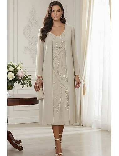  Tweedelig A-lijn Over de knie Kralenborduurwerk Bruiloft gast jurk Formele jurk Moeder van de bruid jurk Mouwloos V-hals Elegant Formeel Bruiloft gast Chiffon Kant Jas Jurken met Kralen Pailletten