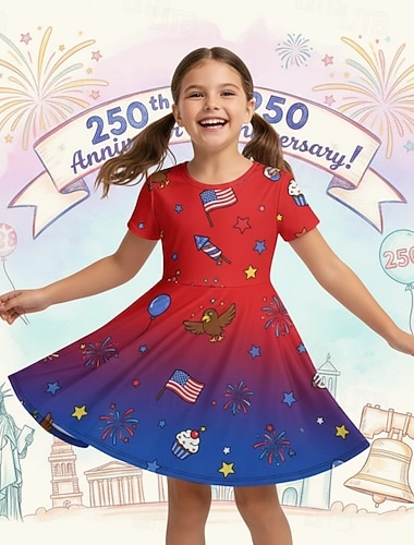  Mädchen' 3D Grafik Flagge Kleid Kurzarm 3D-Druck Sommer Frühling Täglich Urlaub Party Niedlich Basic Lässig Kinder 4-12 Jahre Freizeitkleid A Linie Kleid Knielang Normale Passform