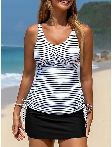  Dames Zwemkleding Tankini 2 stuks Rok Zwempak Buikcontrole Hoge taille Slank Blote rug Vakantie Strand Kleding Gestreept V-hals Mouwloos Badpakken