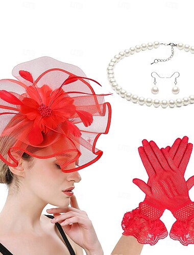  Derby Gloves Necklace Fascinator Hat Gentlewoman Fancy Dress Women's Masquerade Party Ascot Horse Racing Festival Adults' Headpiece All Seasons