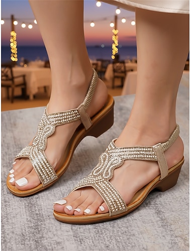  Champagnekleurige damessandalen met parelversiering en sleehak - elegante sandaaltjes met bandjes en lage hak voor een avondje uit in een resort, comfortabele en glamoureuze schoenen voor een