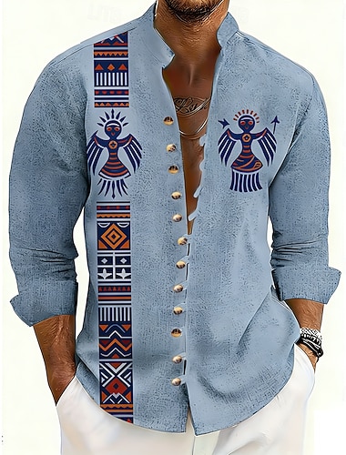  Herren Geometrisch Ethik / Afrikanisch Indigene Völker Hemd Stehkragenhemd Langarm Vintage-Retro Lässig Urlaub Frühling Herbst Mandarinkragen Stehkragen Button-Down Leinenähnliches Hemd Blau Gelb