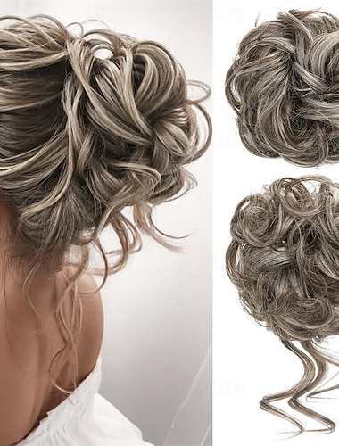  2 Stück lockere Duttfrisuren, gewellt, lockig, synthetisch, hochgesteckt, Chignon, Fake-Scrunchies, Pferdeschwanzverlängerung für Damen, aschgrau