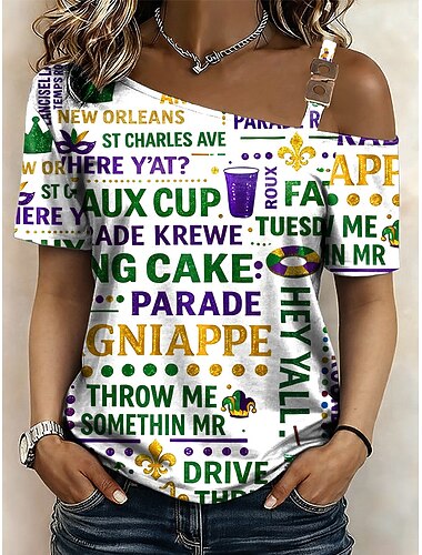  Carnaval Mardi gras Dames T-shirt Assymmetrisch Grafisch Vintage Tropisch Hawaii Korte mouw Schouderafhangend Asymmetrische nek Normale tops Dagelijks Sport Uitgaan Wit Lichtgroen Paars Zomer Lente