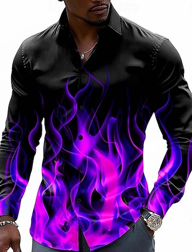  Herren Optische Täuschung Flamme Neonleuchten Hemd Knopfhemd Lässiges Hemd Langarm Modisch lässig Streetwear Urlaub Frühling Herbst Umlegekragen 3D-Druck Hemden mit Kragen Schwarz / Grün Schwarz