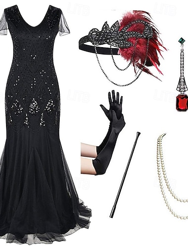  Années Folles Années 1920 Longueur au sol Robe Robes de Soirée Tenues Manches courtes Gatsby le Magnifique Invité au mariage Paillettes Col en V Déguisement Femmes Soirée Tenue de soirée Mascarade