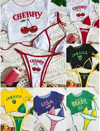  Damen Badeanzug Bikini Dreiteilig Tanga Bademode Schlank Rückenfrei Urlaub Strandbekleidung Buchstabe Rundhals Ärmellos Kurze Ärmel Badeanzüge