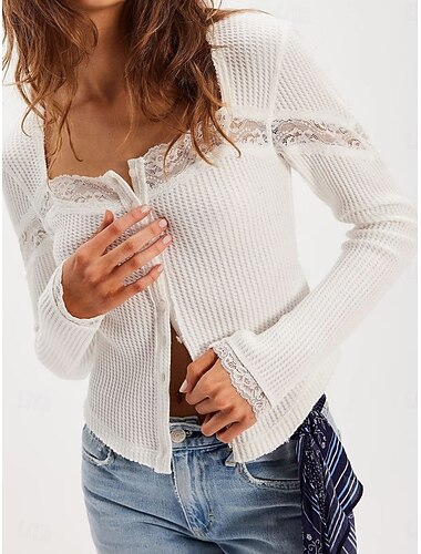  Damen Bluse Spitzentops Patchwork Knöpfe Einfach Stilvoll Modern Lässig Langarm Quadrathals Normale Oberteile Täglich Ferien Ausgehen Blau Schwarz Weiß Grün Sommer Frühling Herbst