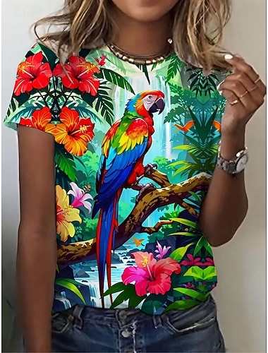  Dame T skjorte Trykt mønster Grafisk Dyr Fugl Årgang Stilfull Klassisk Kortermet Crew-hals Vanlige topper Daglig Helg Blå Grønn Sommer Vår