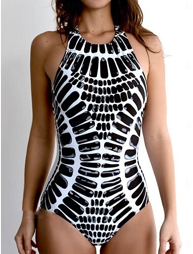  Femmes Maillots de Bain Une Pièce Monokini Maillot de bain Contrôle du ventre Taille haute Mince Dos nu Vacances Tenues de plage Graphique Géométrique Col rond Sans manches Maillots de bain