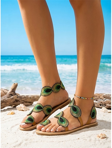  Platte sandalen voor dames met boho pauwenborduursel - artistieke gladiatorsandalen met enkelbandje, comfortabele zomerschoenen voor op het strand, ideaal voor tropische vakanties en eilandreizen.