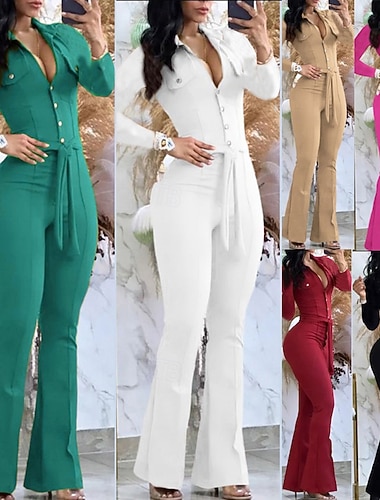  Damen Normal Overall Elegant Einfarbig Langarm Hemdkragen Tasche Bindegürtel Geschäft Büro Normale Passform Schwarz Weiß Wein Sommer