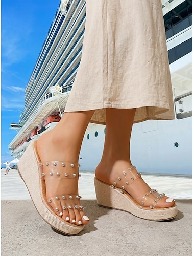 Sandales transparentes pour femmes avec ornements en perles – design chic à talons compensés transparents, chaussures confortables et élégantes pour l'été, la plage et les sorties décontractées
