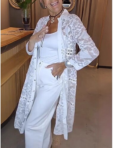  Dámské Košile Krajková košile Halenka Krajka Slátanina Bez vzoru Aktivní stylové Dlouhý rukáv Košilový límec Dlouhé topy Denní Dovolená Jdeme ven Černá Bílá Světlá růžová Nebeská modř Béžová Léto Jaro