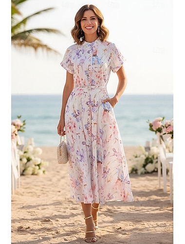  Linea ad A Lunghezza alla caviglia Lunghezza Tè Abito da invitata a nozze Abiti per invitati a matrimoni Elegante Quotidiano Manica Corta Collo Alto Festa in giardino Matrimonio Shiena scoperta con