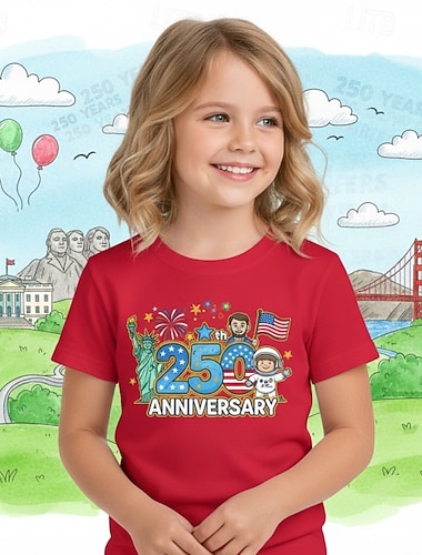  Mädchen 3D Grafik 250-jähriges Jubiläum T-Shirt Kurzarm 3D-Druck Sommer Frühling Sport Mode Streetwear Kinder 4-12 Jahre Rundhalsausschnitt Lässig Täglich Outdoor Normale Passform