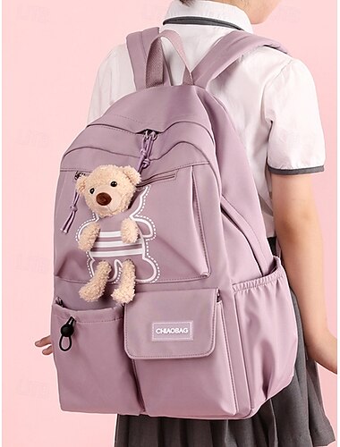  子供用防水ナイロンバックパック - 複数の色、複数のポケットを備えた大容量、かわいいテディベアのデザイン、学校や日常使いに最適