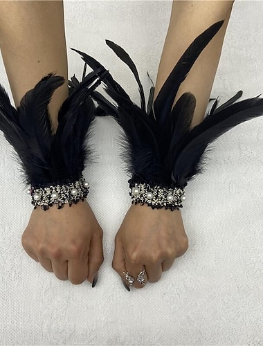  Karneval 2026 Rio Karneval Samba Tilbehør Kvinne Svart Fjær Håndleddsmanchetter med Perleblonde 1 Par Naturlige Fjær Håndband Armbånd Brasil Festivalopplevelse Kostyme