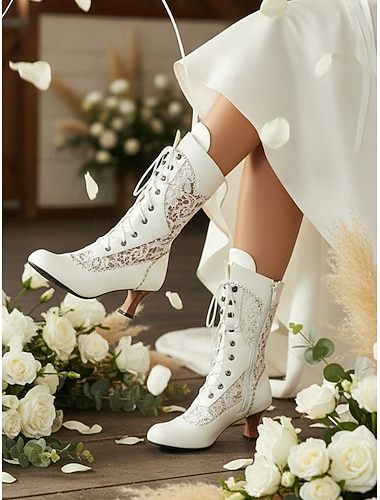  Bottes mi-mollet blanches à lacets de style victorien pour femmes avec talon épais - Chaussures de mariée et de fête vintage de style édouardien des années 1900