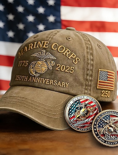  Baseballkappe im Retro-Look zum 250-jährigen Jubiläum des USMC mit 2 Gedenkmünzen, Vintage-Hut mit Stickerei zum 250-jährigen Jubiläum des United States Marine Corps, patriotisches Geschenk für Männer