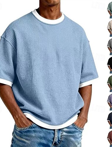  Homens Camiseta Waffle T-shirt Manga Curta Gola Redonda Verão Primavera Todas as Estações Côr Sólida Moda Designer Casual Bloco de cor Casual Diário Ao ar livre Azul Claro Cinzento Roxo Top Tee para