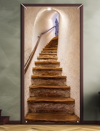  Rustikální kryt dveří schodiště, 3D optická iluze, 2D plochý tisk pro jedinečnou a podmanivou dekoraci domova