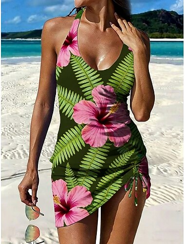  Damen Badeanzug Tankini Zweiteilig Rock Bademode Kordelzug Halter Elegant Urlaub Blumen Blätter Rundausschnitt Ärmellos Badeanzüge