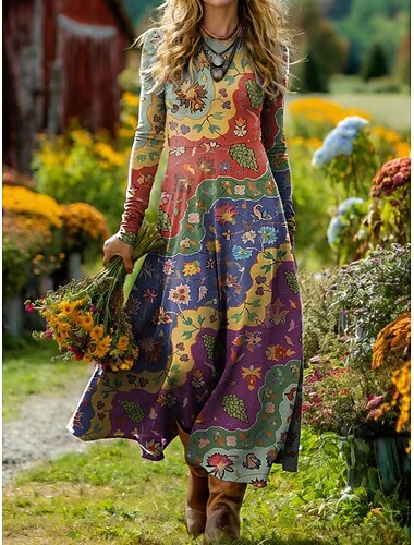  Damen Midi Kleid Boho A-Linie Kleid Fit und Flare Kleid Urlaub Lässig Täglich Reguläre Passform Grafisch Geometrisch Langarm Rundhals Blau Pink Lila Orange Sommer Frühling